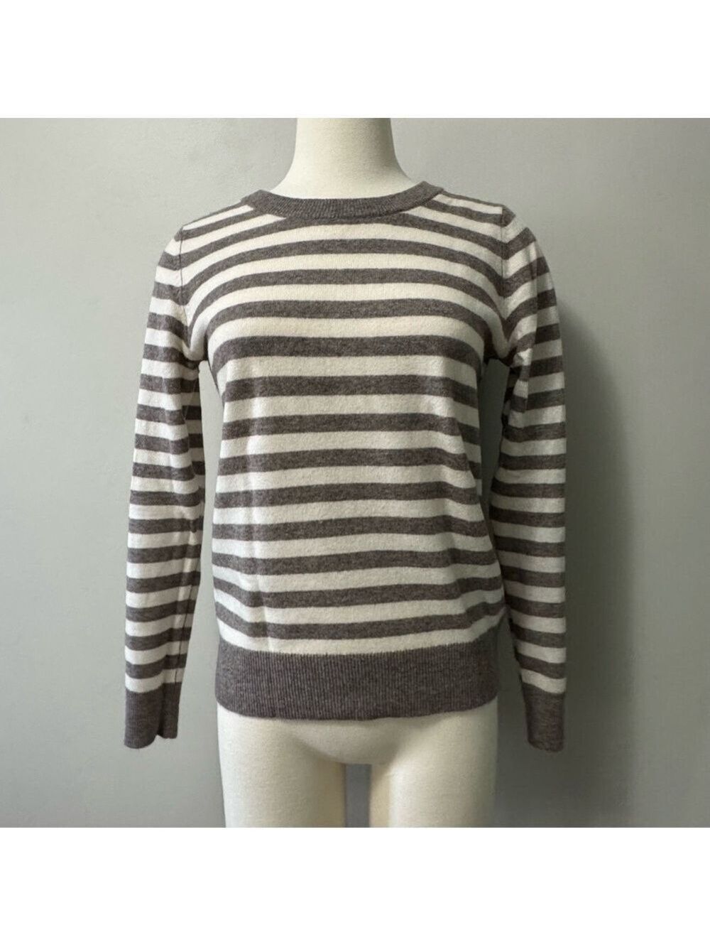 C&C California Cashmere Sweater Taupe and Cream Striped Crew Neck small